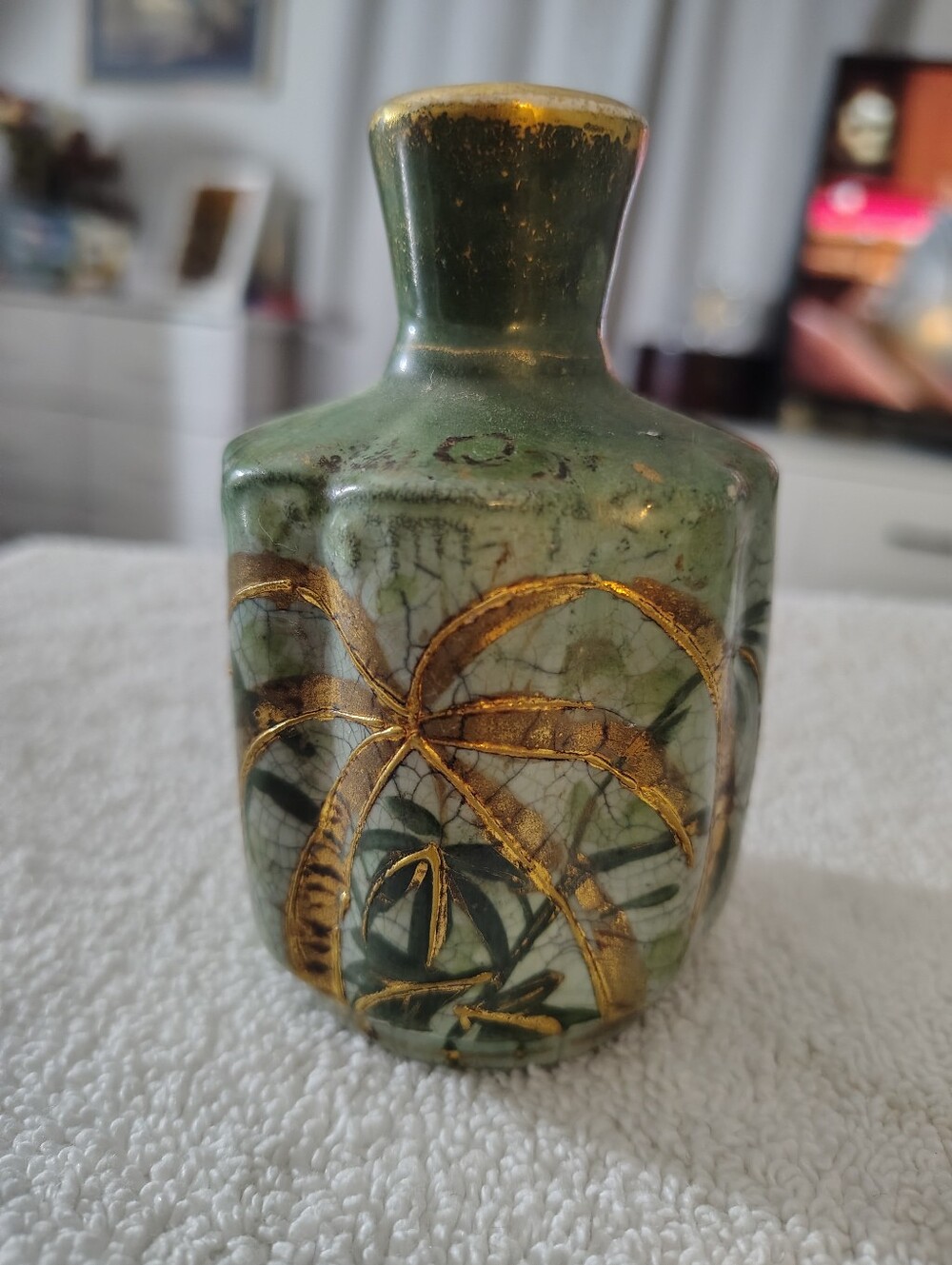 Green Ceramic Accent Vase with Gold Palm Motif